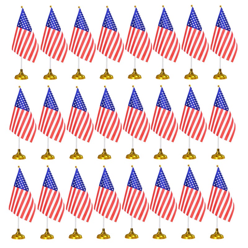 tibijoy 24-Piece American Table Flags, Polyester Desk Flags Set, 8.2'' x 5.5'' Mini USA Flags, Conferences, Patriotic Decoration, Durable, Indoor Use - Image 1